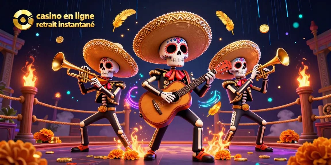 Casino en ligne retrait instantané avec une illustration colorée des membres d'un groupe mariachi et des éléments de jeu illuminés.