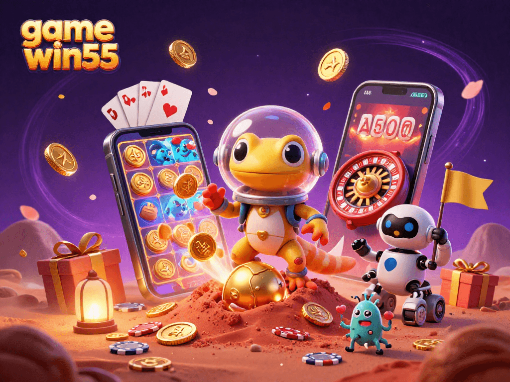 Engage with game win55 at a colorful Martian casino with vibrant slot games and cheerful characters!