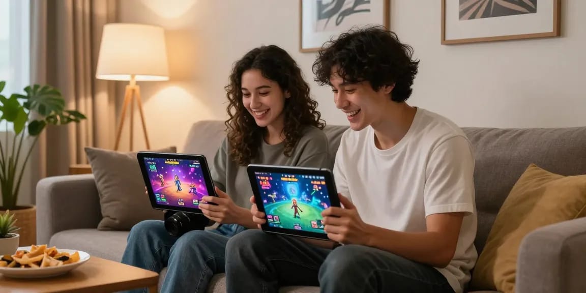 Couple enjoying porn games on tablets in a cozy living room setting