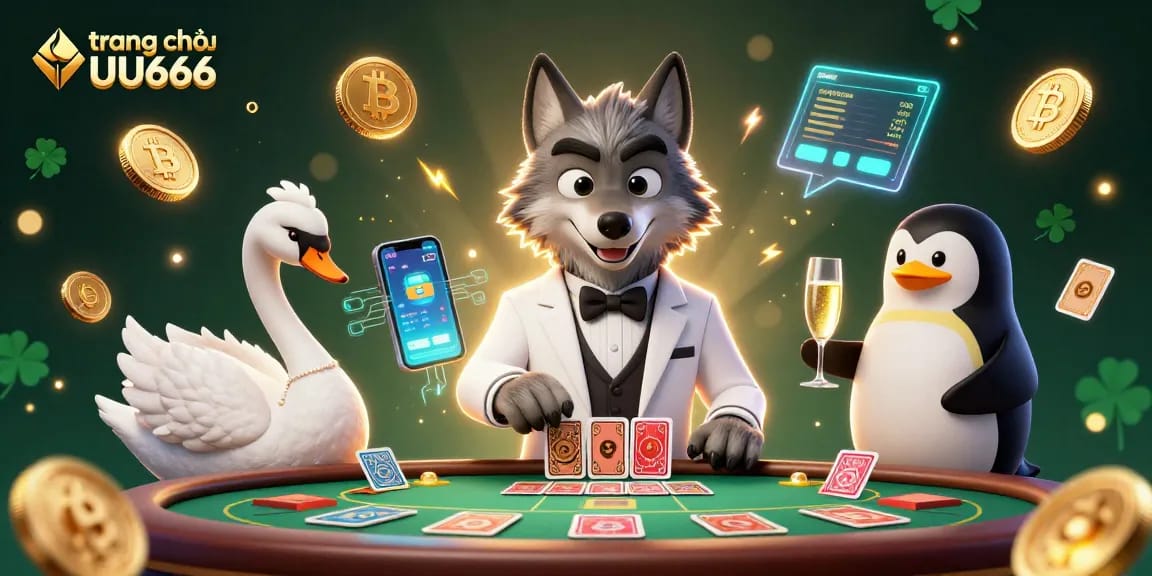 Engage in thrilling gameplay at trang chủ UU666 with a dynamic casino scene featuring animated characters and cryptocurrency elements.