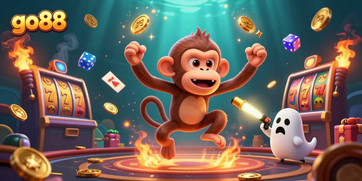 Engaging users while winning big at go88 with a playful monkey and ghost-hunter puppy in a dynamic casino.