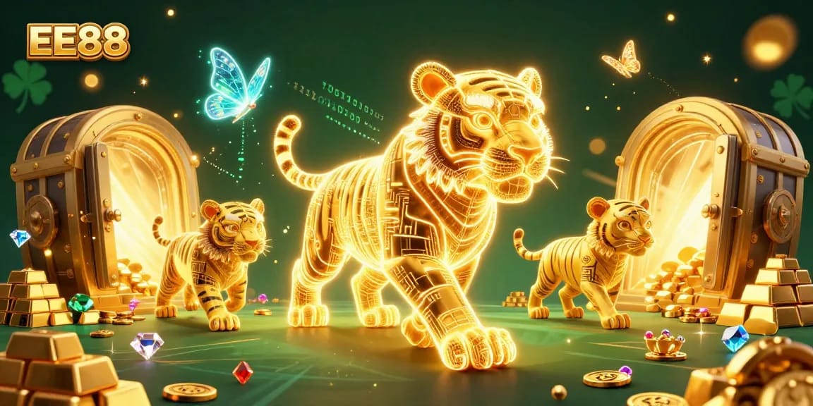 Experience the thrill of EE88 in a vibrant digital casino landscape featuring a golden tiger and treasure galore.