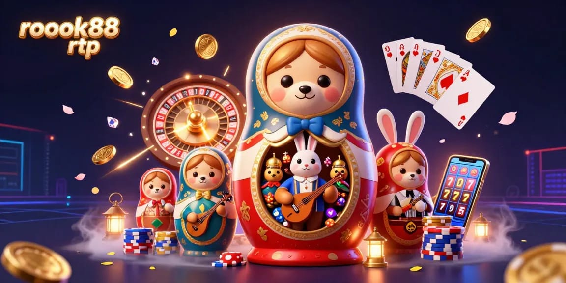 Play thrilling games at rokok88 rtp, featuring a vibrant scene with cartoon characters and casino elements.