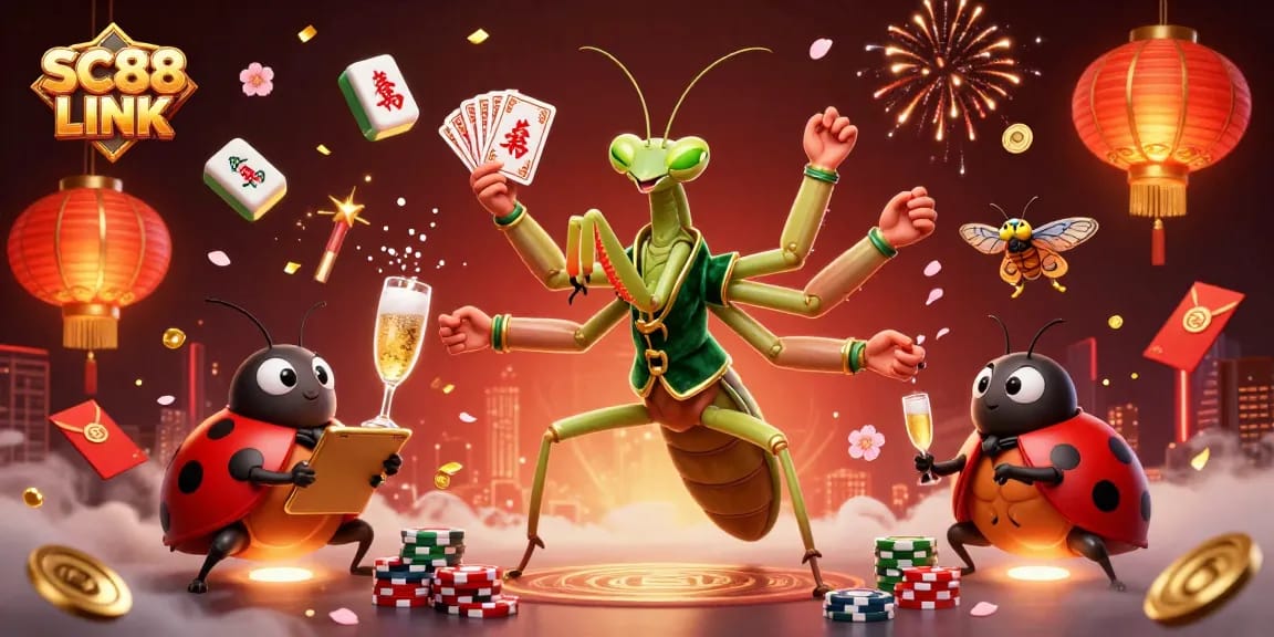 Engage with the thrilling gaming atmosphere at SC88 LINK, featuring a giant praying mantis card sharp and a dedicated ladybug pit boss in a lively casino.