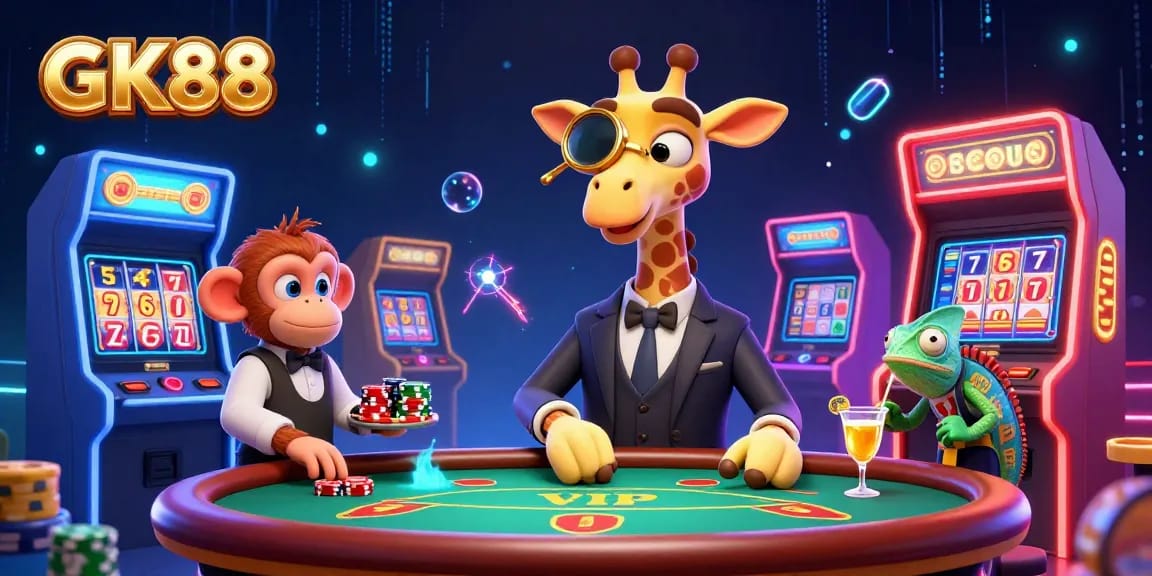 Spin the reels at GK88 with a vibrant 3D casino scene featuring a giraffe, monkey, and chameleon!