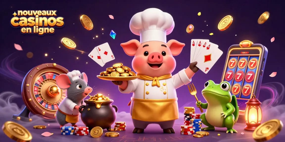Les nouveaux casinos en ligne présentent un chef cochon et ses assistants dans un décor de jeu animé.