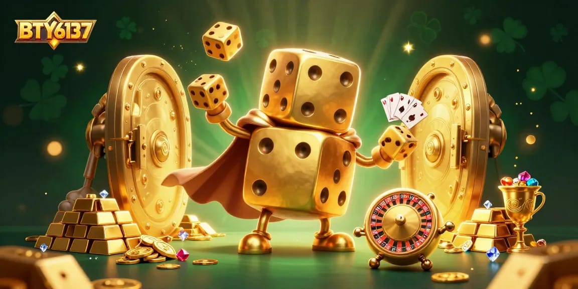 Engage with BTY6137 in this dynamic 3D casino scene featuring a golden dice golem and vibrant elements.
