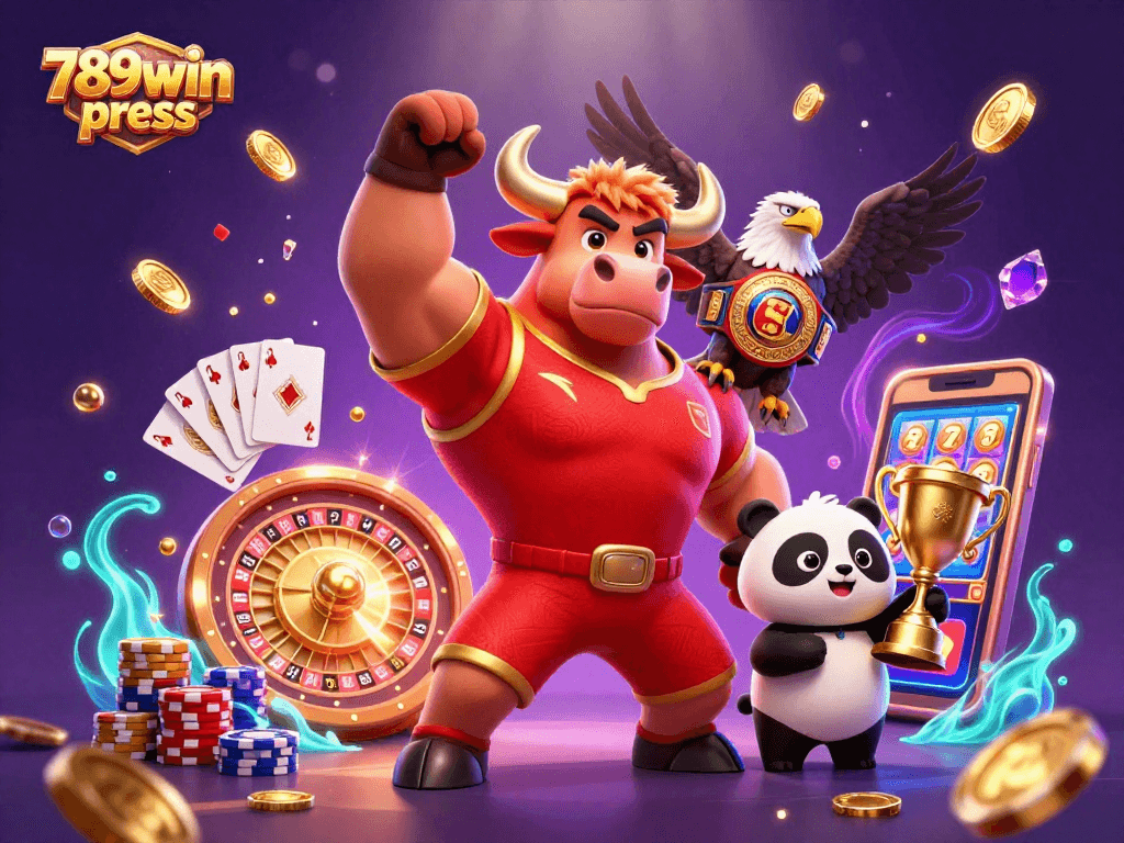 Join the excitement with 789win press as the bull mascot celebrates victory in a dynamic casino scene!