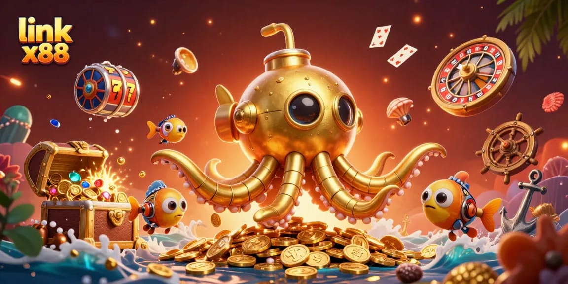 Experience the excitement of link x88 with a vibrant 3D casino scene filled with treasures.