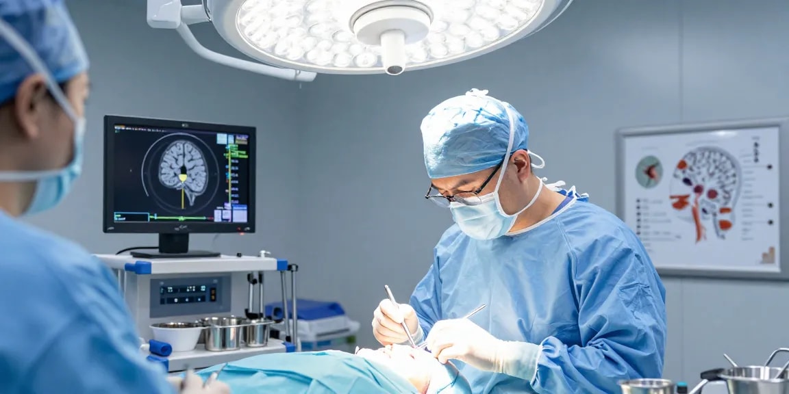 Brain tumor surgery focusing on beyin tümörü ameliyatı with neurosurgeon and advanced tools in an operating room.