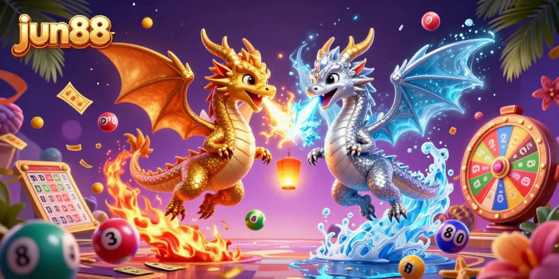 Join the excitement at jun88, featuring colorful lottery balls and twin dragons in a vibrant casino scene.