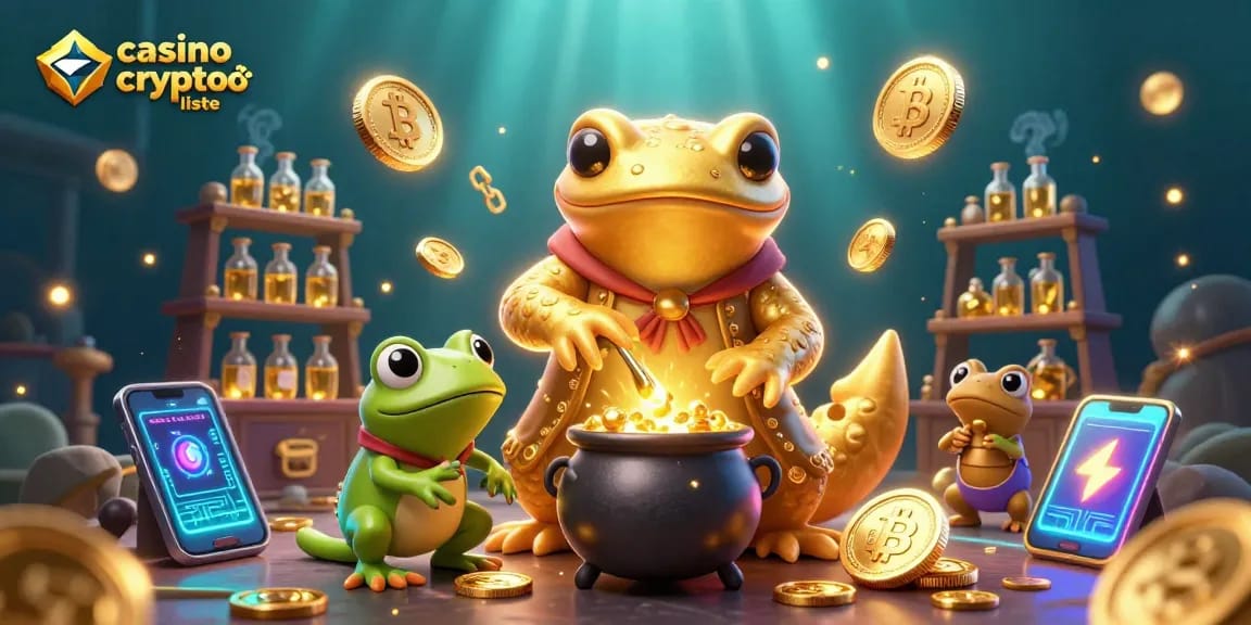 Visitez une scène dynamique de casino crypto liste avec des personnages alchimiques et des éléments blockchain.