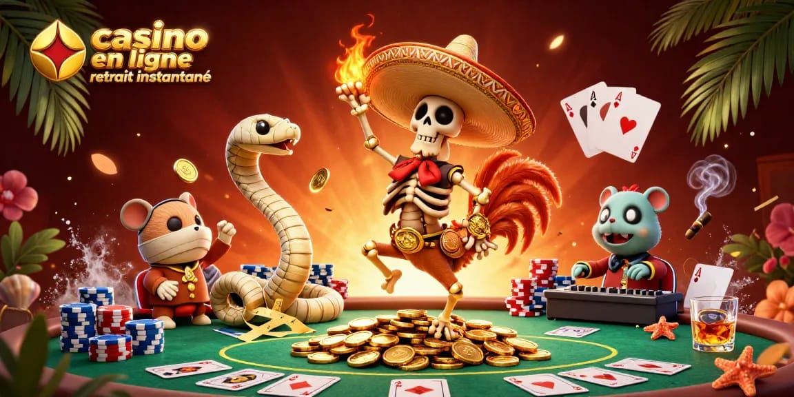 Casino en ligne retrait instantané : danse festive d'un mariachi sur des pièces d'or avec éléments de poker.