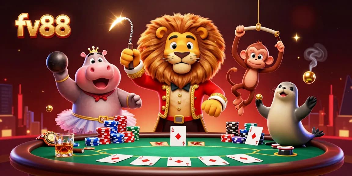 Experience thrilling poker action with fv88 featuring vibrant circus characters in a dynamic casino scene.