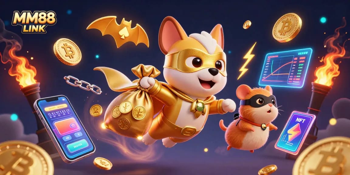 Experience the exciting MM88 LINK with a superhero dog flying in a vibrant casino world full of gold coins and crypto elements.