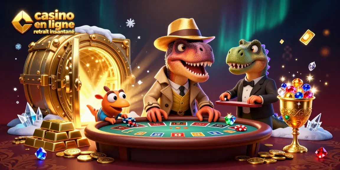 Casino en ligne retrait instantané : illustration d'une scène animée avec un velociraptor et des éléments de jeu riches.