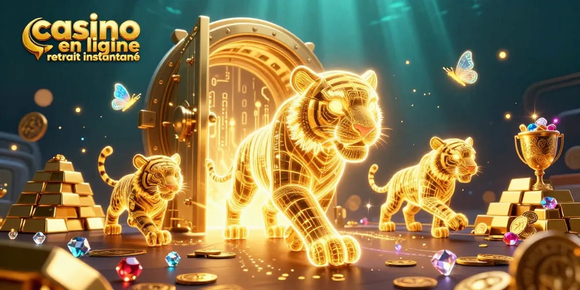 Le casino en ligne retrait instantané séduit avec une illustration animée captivante de tigres et de trésors.