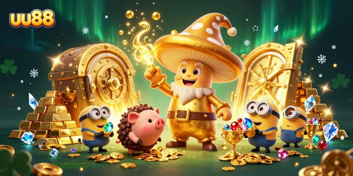 uu88 wizard and treasure-filled gaming scene showcasing magical wealth.