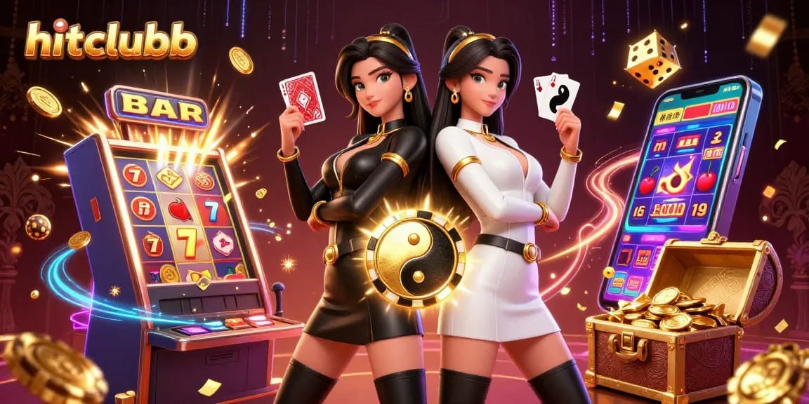 hitclubb showcases a dynamic casino illustration with stunning twin Asian women, playing cards, and vibrant game elements.