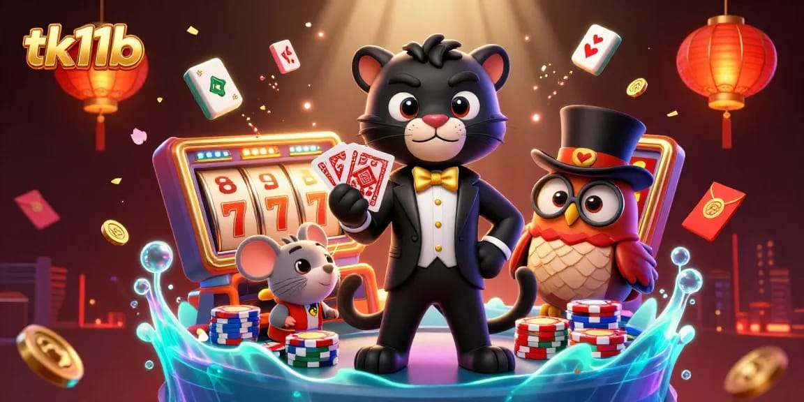 Experience thrilling gameplay with tk11b featuring a stylish black panther and charming characters in a vibrant casino scene.