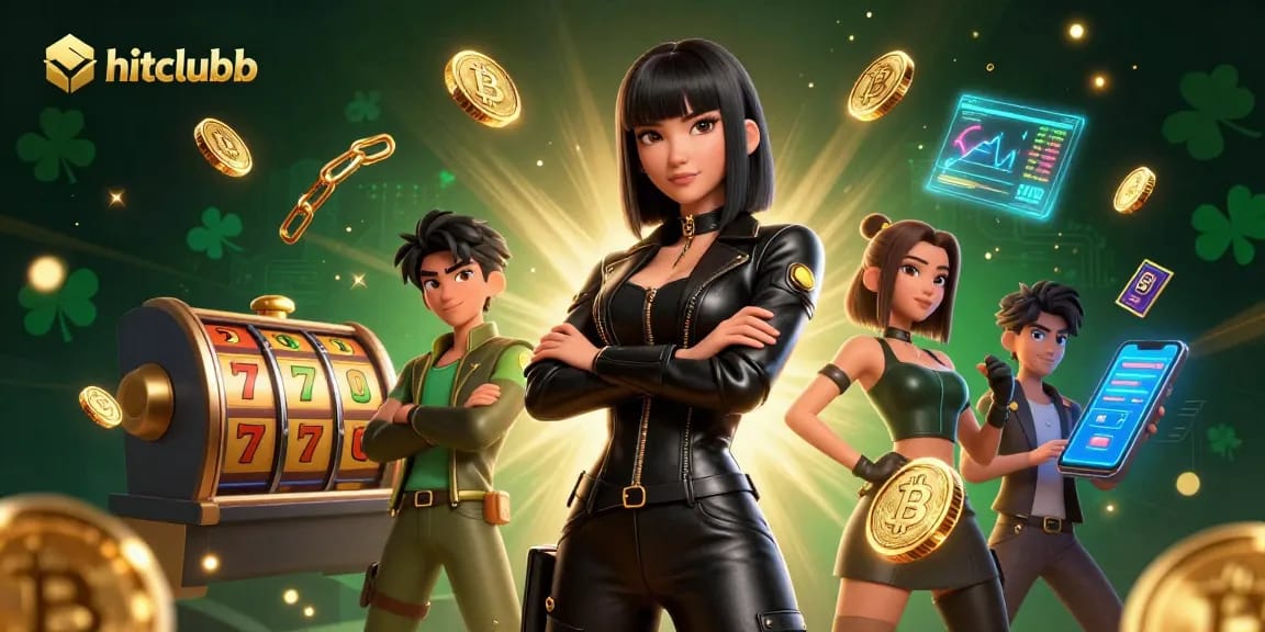 Hitclubb showcases a powerful Asian woman in a casino setting, surrounded by glowing slot reels and Bitcoin coins.