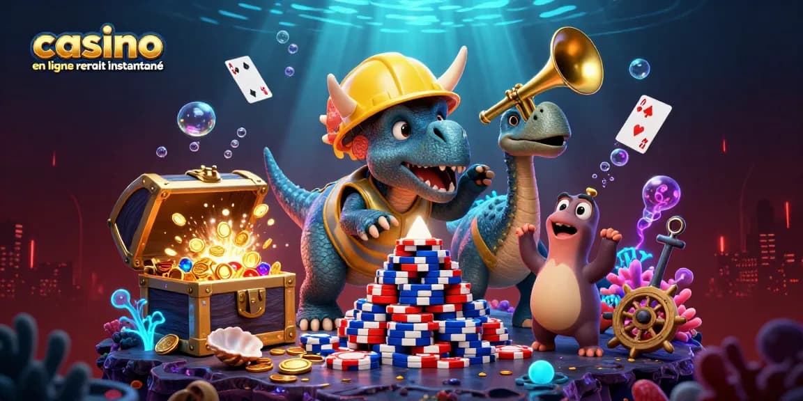 Retraits instantanés au casino en ligne avec une illustration de triceratops et de jubilations sous-marines.