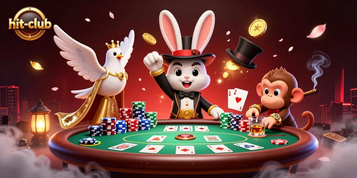 Experience exciting wins at hit-club as a magician rabbit pulls golden coins and poker chips in a vibrant casino scene.