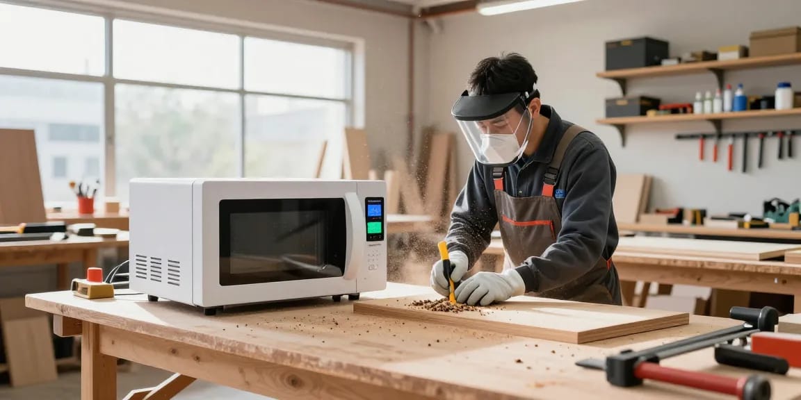 Shashel technician using microwave equipment for quick pest control in a bright woodworking workshop.