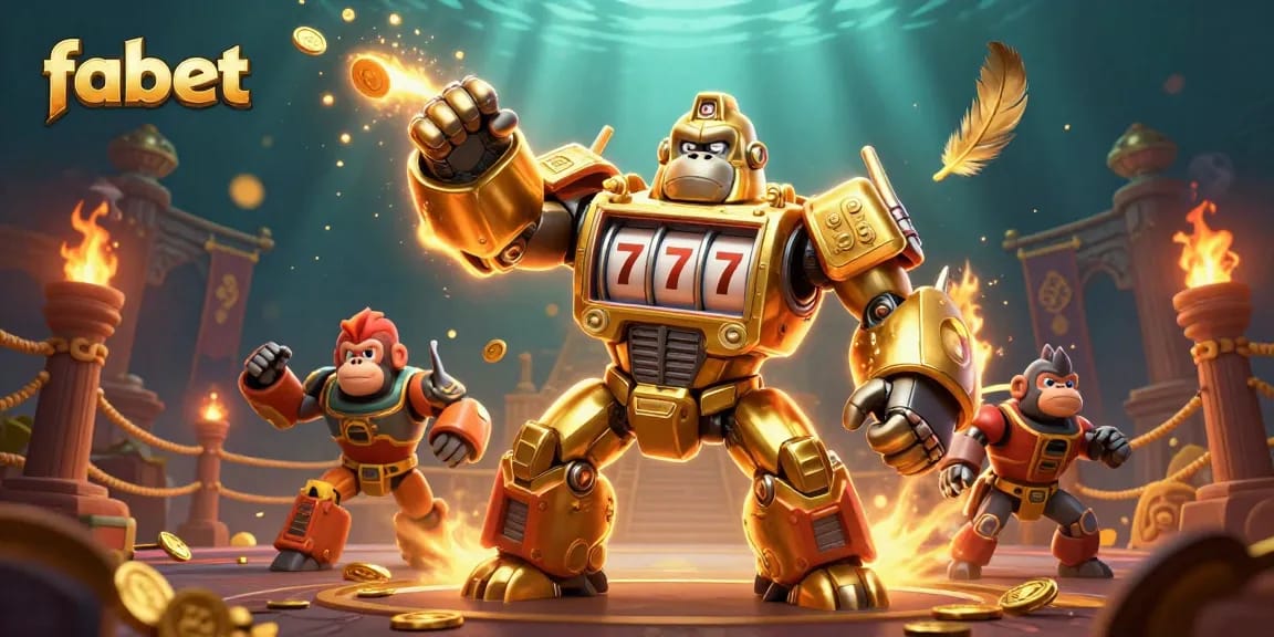 Engage with fabet's thrilling casino experience through an energetic 3D illustration of a golden gorilla mech.