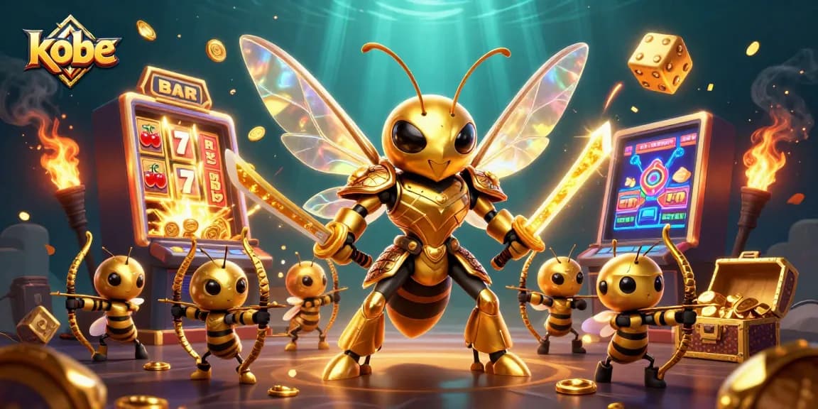 Kobe's vibrant 3D casino scene showcases a hornet samurai amidst slot machines and treasure chests