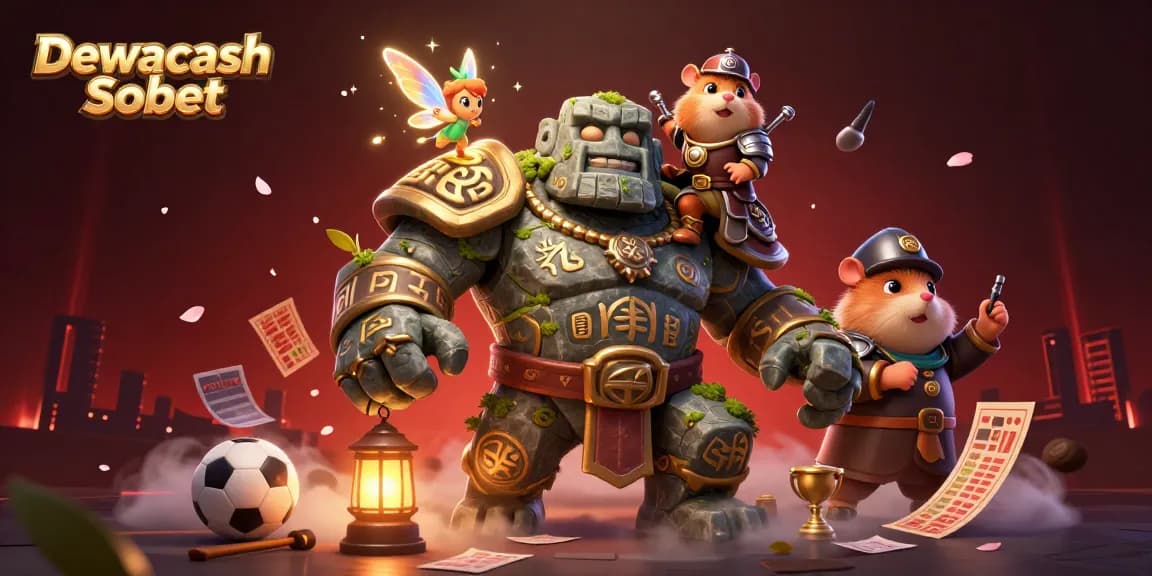 Dewacash Sbobet brings excitement to sports betting with a magical scene featuring a golem guardian and fairy.