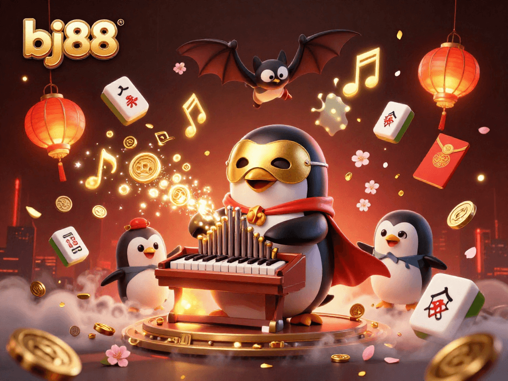 BJ88 offers a vibrant casino illustration featuring a penguin playing an organ emitting golden coins amidst floating game elements.