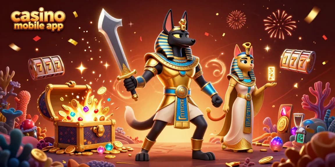 Jouez sur l'application mobile du casino avec des personnages égyptiens dans une scène colorée.