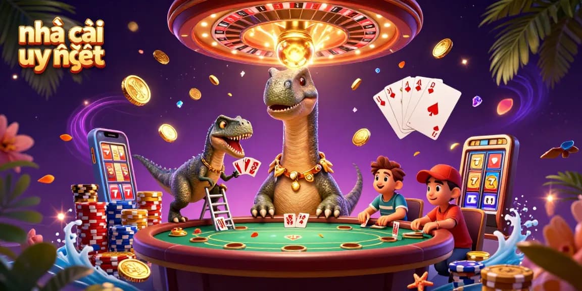Experience the thrill of Nhà cái uy tín with a cartoon brontosaurus and clever raptor in a vibrant casino scene.