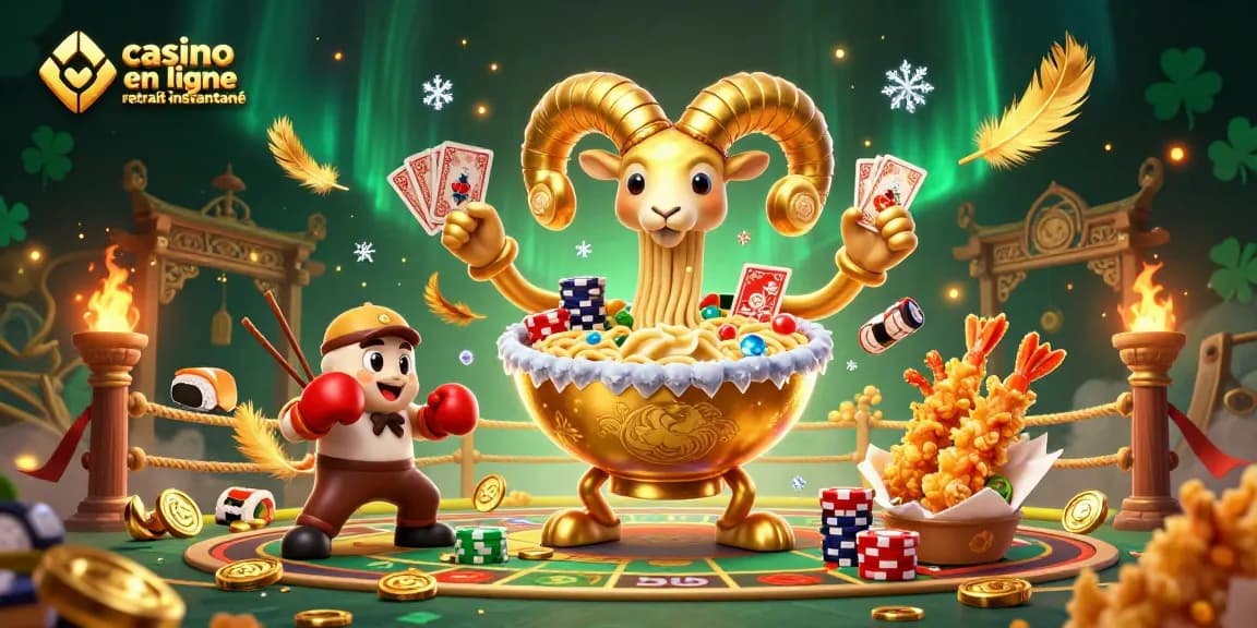 Illustration créative de casino en ligne retrait instantané avec un bol de ramen géant et ses acolytes.