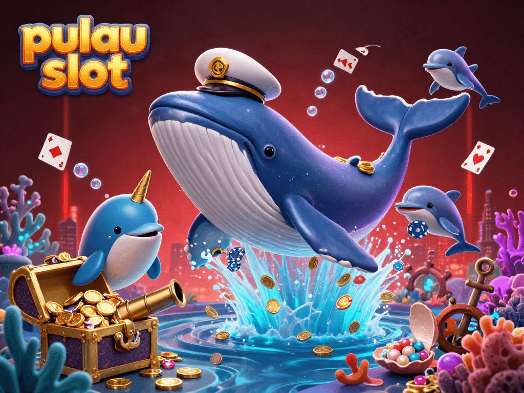 Experience winning at pulau slot with a vibrant scene of a whale, narwhal, and dolphins in a dynamic ocean-themed casino.