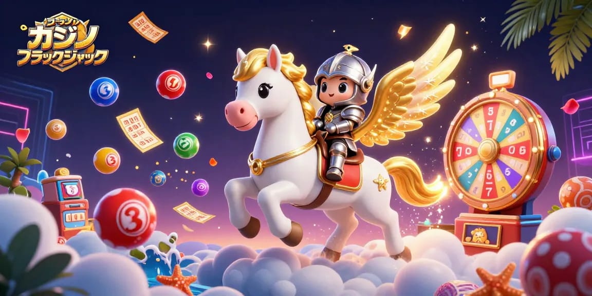 オンライン カジノ ブラックジャックの活気あるイラスト、星空の白馬とかわいい騎士が幻想的なシーンで遊ぶ様子。