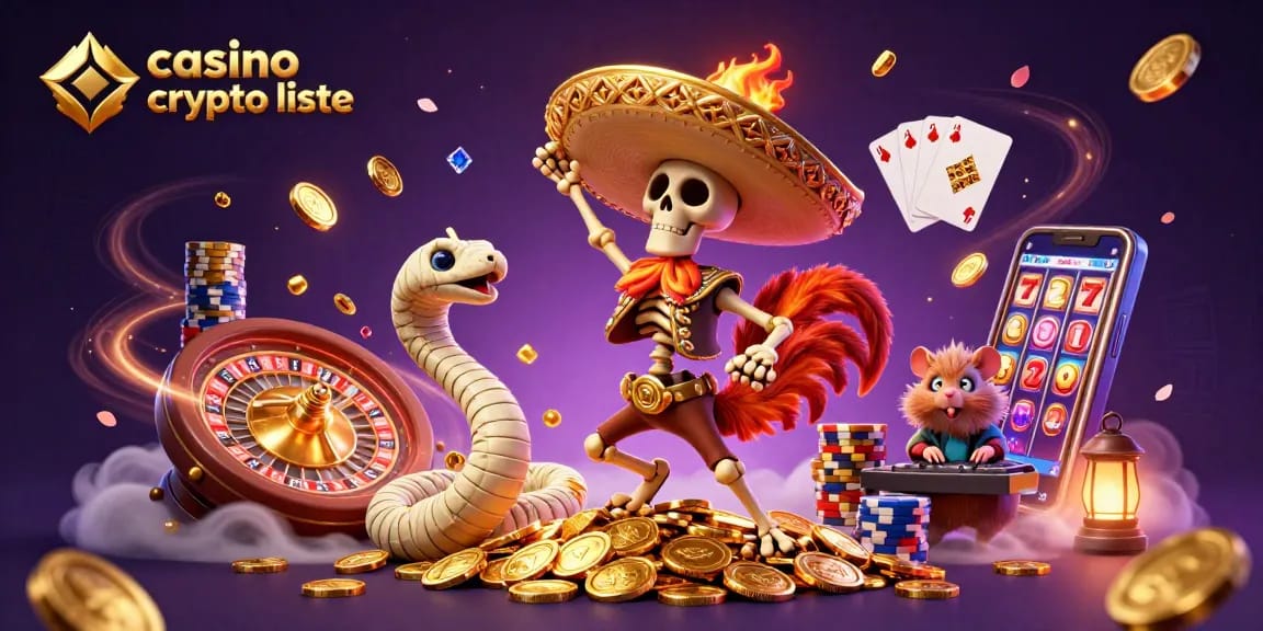 Animation représentant un rooster mariachi dans un casino crypto liste avec des pièces d'or volantes.