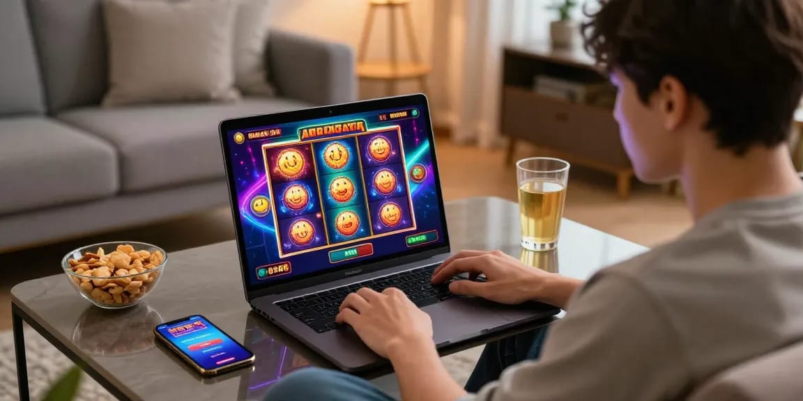 Engaged user playing rokok88 slot login on a vibrant slot machine interface at home, creating an exciting online gaming atmosphere.