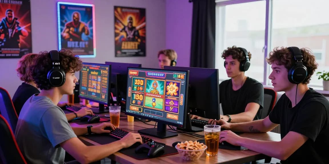 Engaging scene of friends playing slot games online together, showcasing excitement and gaming atmosphere.