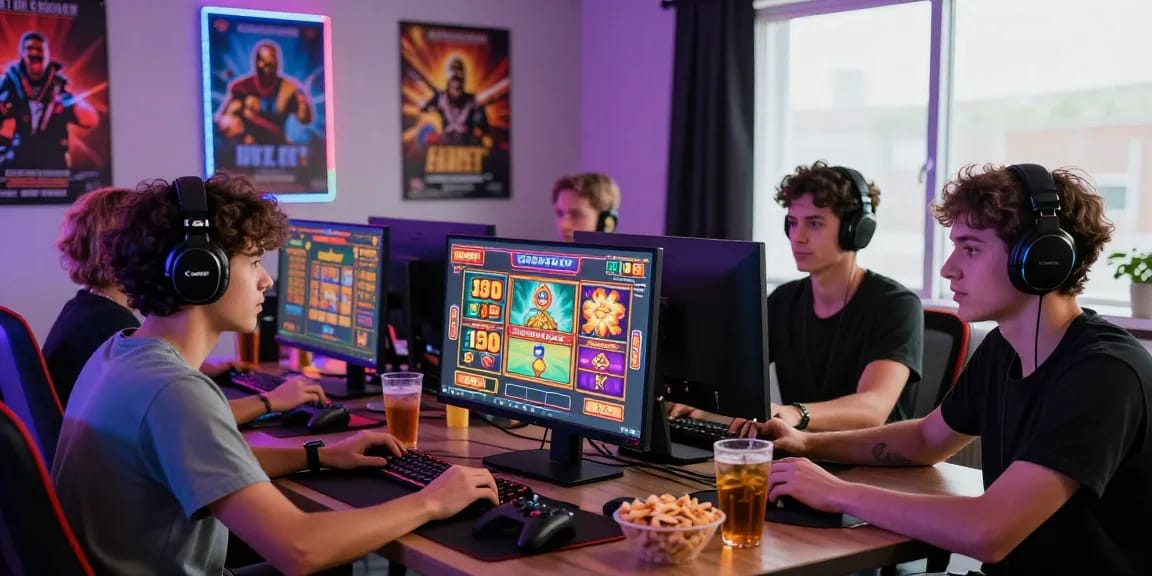 Engaging scene of friends playing slot games online together, showcasing excitement and gaming atmosphere.