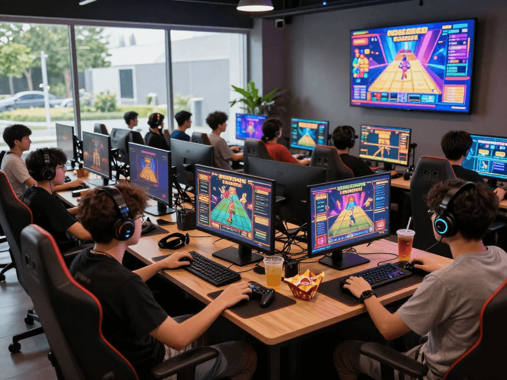 Players engaging with slot gacor games in a vibrant gaming lounge atmosphere