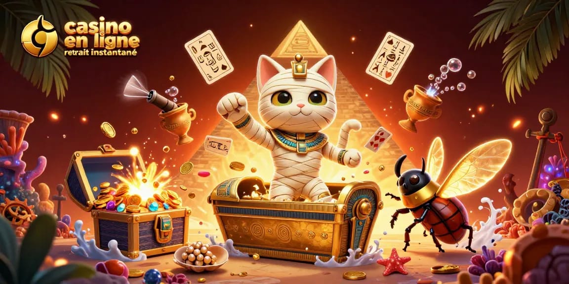 Casino en ligne retrait instantané avec un chat momie égyptienne et des jeux de cartes flottants.