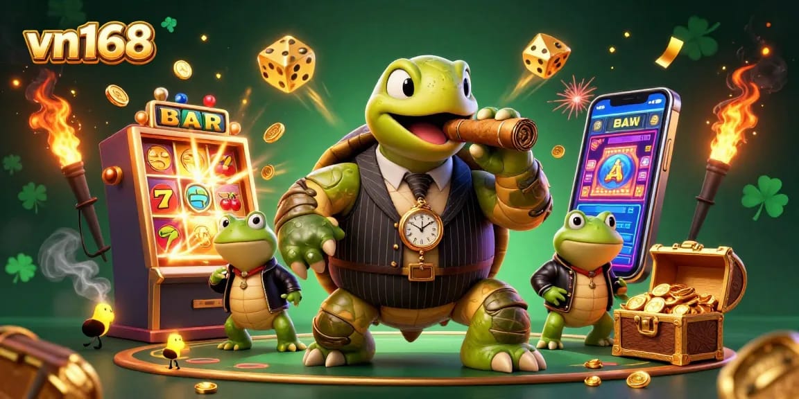 "Experience exciting gambling action at vn168 with a lively scene of colorful characters, slot machine treasures, and casino lights."
