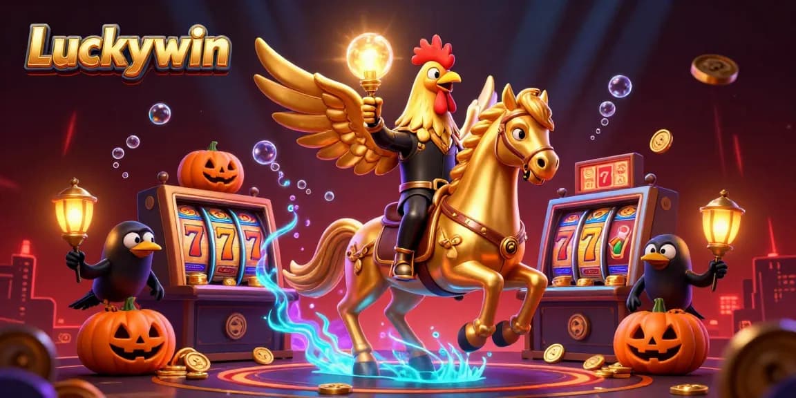 Spin to win at Luckywin's vibrant casino with a golden rooster and magical companions!