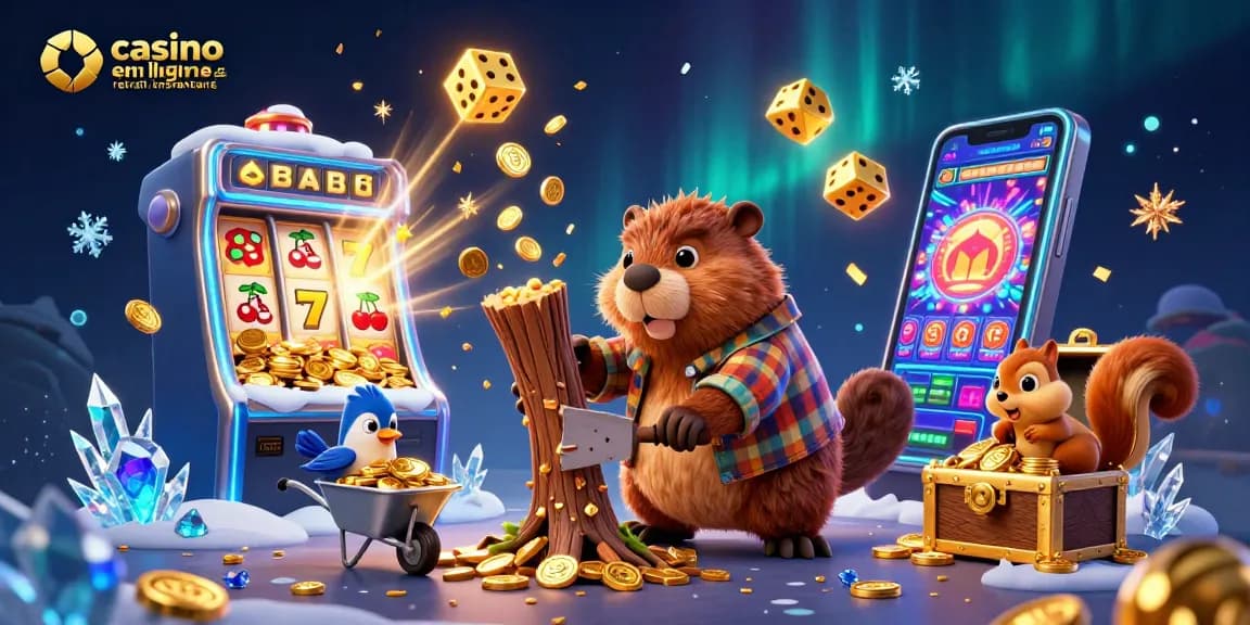 Illustration dynamique sur le thème du casino en ligne retrait instantané, avec un castor et des pièces d'or.