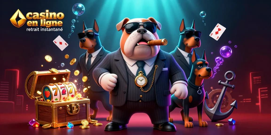 Illustration attractive de casino en ligne retrait instantané avec un bouledogue mafieux et des éléments de jeu captivants.