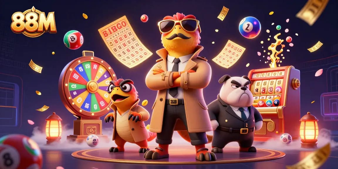 Watch as 88M players strategize to win in a vibrant casino-themed digital illustration.
