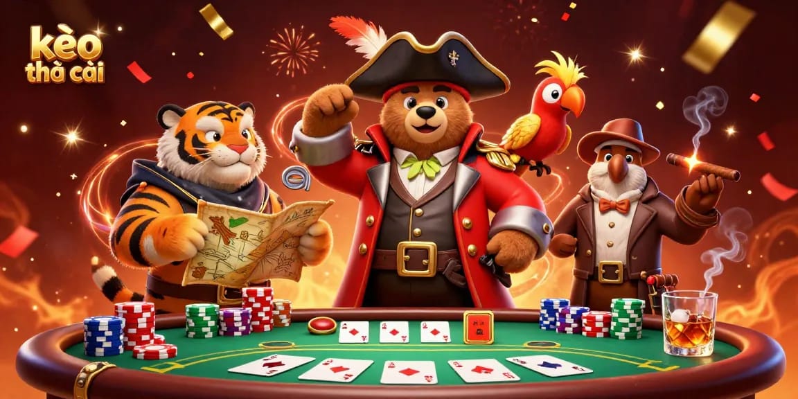 Experience kèo nhà cái excitement with a colorful 3D casino scene featuring a pirate bear, tiger, and poker elements.
