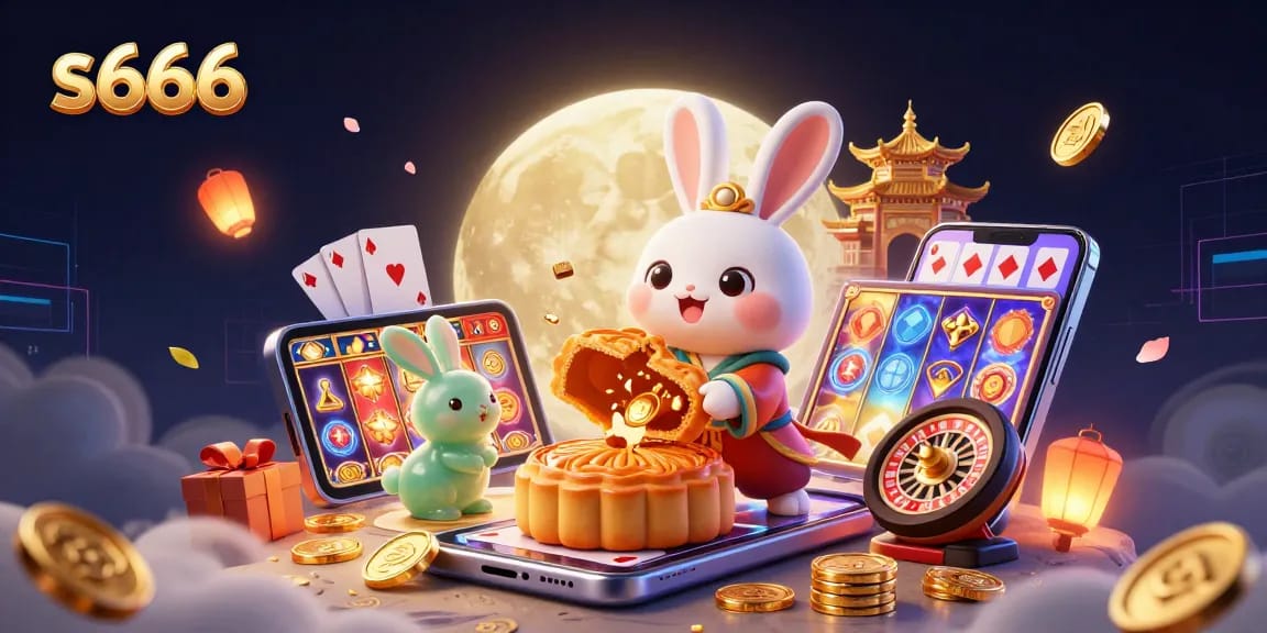 Experience thrilling gameplay with S666 as the moon rabbit unveils golden poker chips in a vibrant casino-themed scene.